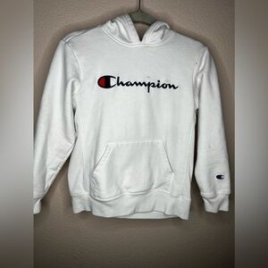 Champion Reverse Weave Hoodie Boys Medium White Embroidered Spell Out Sweatshirt